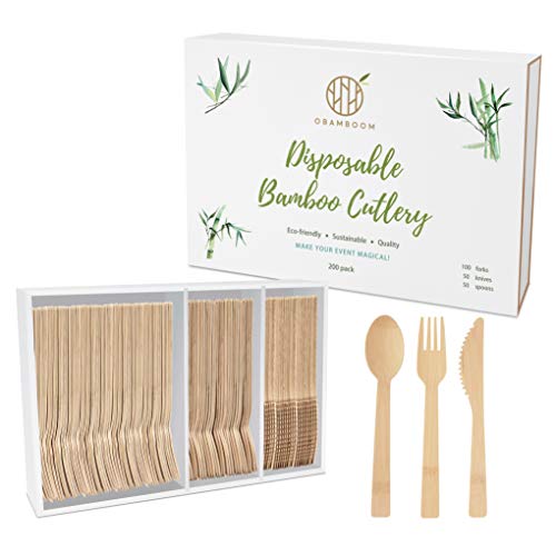 OBAMBOOM Eco-friendly Disposable Bamboo Cutlery - 200pc (100 Forks, 50 Knives, 50 Spoons) Superior to Wooden Cutlery! Natural and Compostable Flatware Utensils with Plastic-Free Packaging