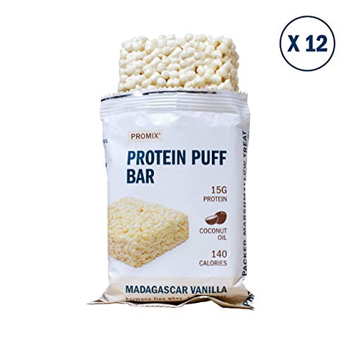 Promix Whey Protein Isolate Puff Bar, Vanilla Bean, 12 Count, 16.9oz | 15g Protein, 150 Calories Each|Low Carb Healthy Snack with Egg Whites | All Natural, Grass Fed,Gluten Free, Low Sugar, Soy Free