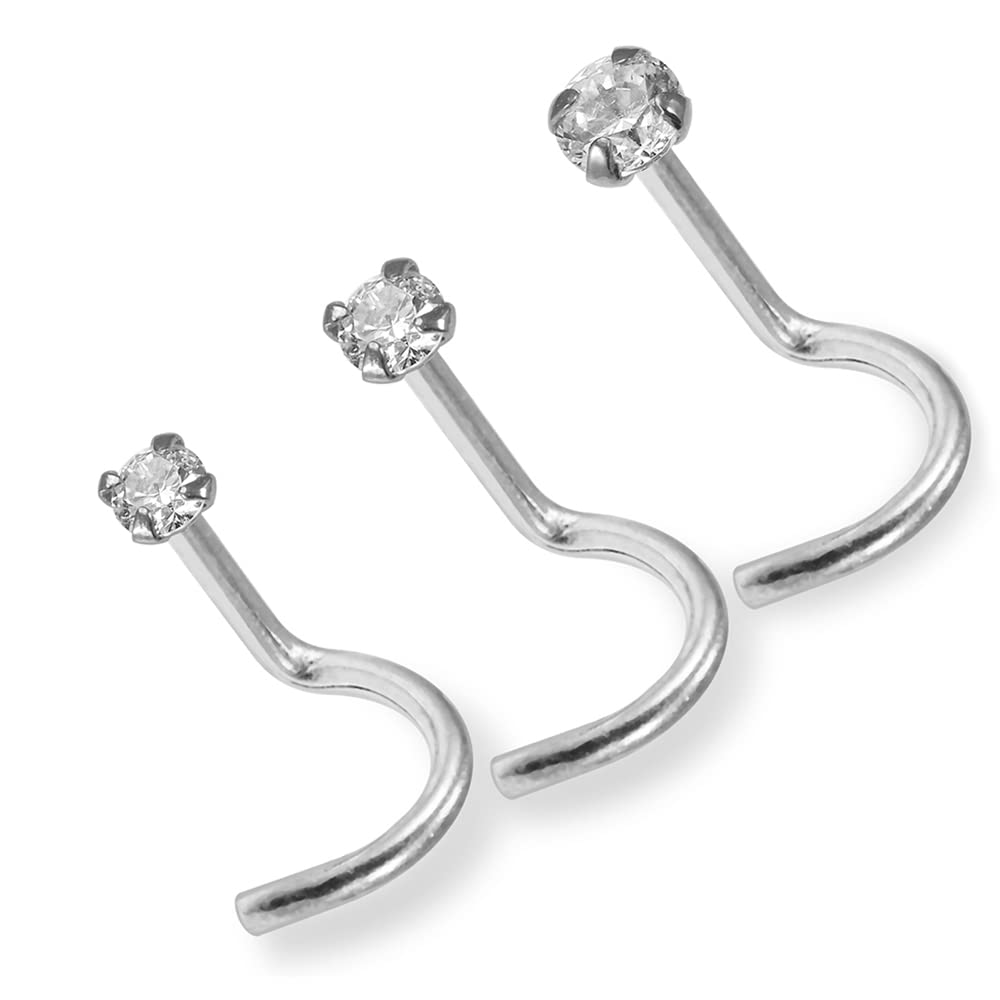 AZARIO LONDON 3 Pieces of 9K Solid White Gold Claw Set Round CZ Stone 20 Gauge (0.8MM) Nose Screw