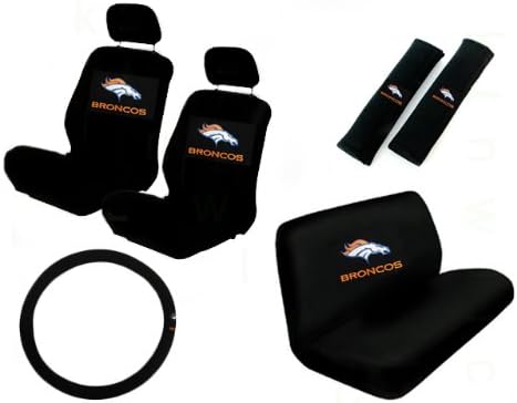11 Piece NFL Auto Interior Gift Set - Denver Broncos - A Set of 2 Seat Covers, 1 Rear Bench Cover, 1 Steering Wheel, and A Set of 2 Seat Belt Pads