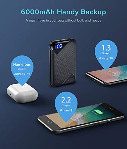 EAFU Portable Charger, LED Display Dual 3A High-Speed Power Bank with USB C, The Lightest 6000mAh External Phone Battery Pack Compatible with iPhone 12 11 Pro X 8 AirPods iPad Samsung S20 Google etc.