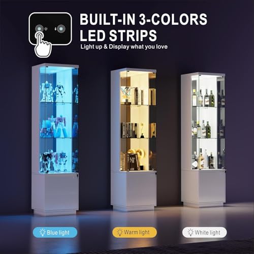Lockable Curio Display Cabinet with Glass Door, 165cm Lighted Curio Cabinet with 3 Color Lights for Collectibles, 3-Tier Glass Display Case with Human Body Sensor for Living Room, White