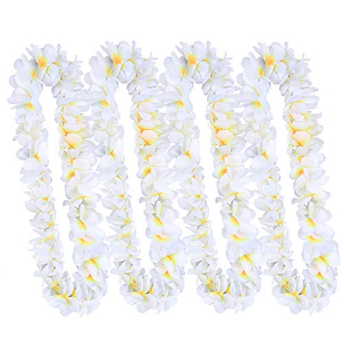 Pack of 4 Hawaiian Leis Necklace Tropical Luau Hawaii Wreaths Silk Flower Lei Thickened Dance Garland Flower Leis for Party Favor Hula Hawaiian Party Supplies (White, 4)