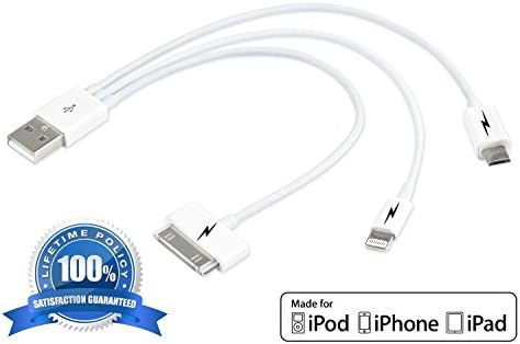 3 in 1 USB Charging Cable for iPhone 5 &amp; 6. Universal Charger Cord - Lightning Connector 8 Pin, Apple 30 Pin, Micro USB - Fits iPhone 6 &amp; 6 Plus/5/5s/5c/4/4s, Samsung Galaxy S5/S4/S3, Samsung Note 4/3, HTC One M8, LG G3, Nexus 5, All iPads, iPad mini, iPad Air, iPod Touch, iPod Nano. Most Android Smart Phones and Tablets. Advanced Technology ensures the Highest Quality Charge with the Fastest Sync and Data Transfer for all Compatible Devices - Extremely Durable (1 x 9 inches)!