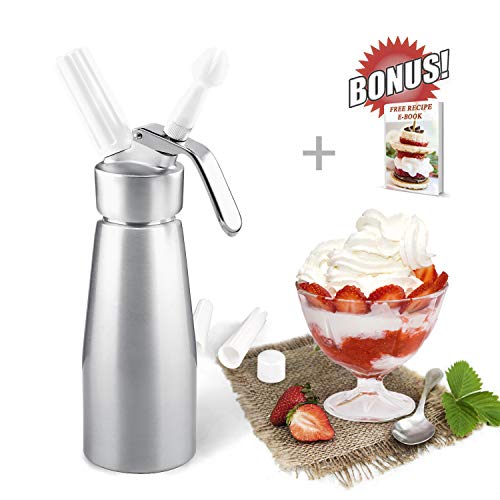ZOEMO Professional Whipped Cream Dispenser 250ml (N2O Cartriges NOT INCLUDED) - Cream Whipper With Sturdy Aluminum Body And Head - Half Pint Whipper Creates 2-3 Pints of Fresh Whip Cream