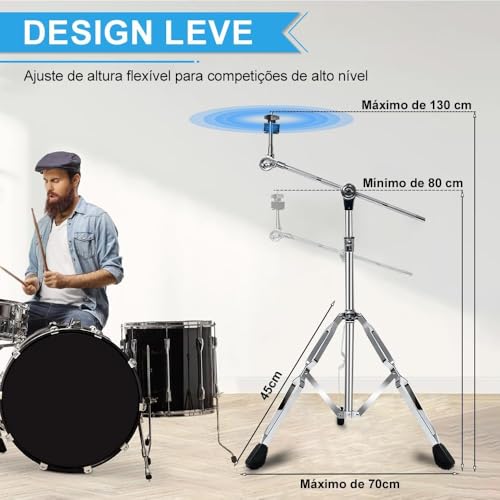Estante para Prato de Bateria, Pratos de Bateria, Estante Prato, Estante Prato Bateria, Estante Girafa Bateria, Pedestal para Prato de Bateria, Suporte Ajustável de 80-130cm, Estrutura em Ferro, Prata