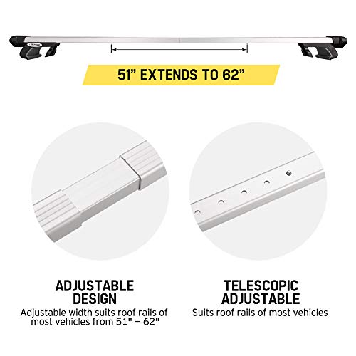 Universal Car Rooftop Rack Cross Bars Set - 150 lb. Capacity - Adjustable Aluminum Roof Rack (51" Extends to 62") for Mounting Cargo Basket, Roof Bag, Kayak, 1 Year Warranty