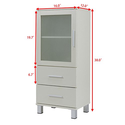 2 Drawers Glass Door Wood Floor Cabinet Storage Unit Organizer Stand Chest