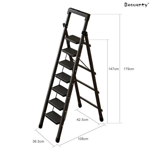 Beauenty Foldable Ladder, 7 Steps Ladder for Home, Anti-Slip Step Stool with Wider Pedal, Tools Holder, Portable Stepladder for Kitchen, Garden, Load-Bearing 150kg (Black)
