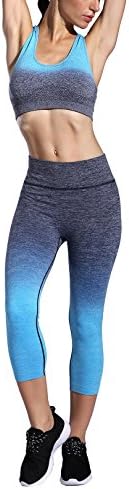 FelinSoul Women's 2 Piece Ombre Seamless Sports Outfits Set-Capri Leginggs &amp; Bra(Blue, Bra L/XL)