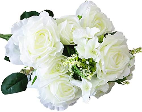 Sunlightam Big Artificial Flowers, Fake Flowers Silk Plastic Artificial Roses 12 Heads Bridal Wedding Bouquet for Home Garden Party Wedding Decoration (White)