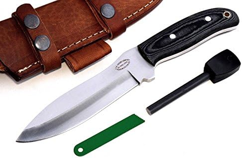CFK Cutlery Company USA Custom Handmade D2 Tool Steel Micarta Hunter Hunting Camping Skinning Bushcraft Knife &amp; Horizontal Leather Sheath &amp; Fire Starter Rod Set CFK182