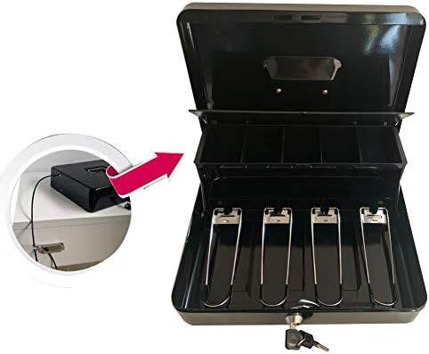 Sattfebox Locking Cash Box with 5 Money Tray, Metal Money Box with Keyed Lock, Black