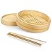 Flexzion Bamboo Steamer Basket Set (8 Inch) with 50x Steamer Liners and 2 Pairs of Chopsticks, Chinese Steamer for Cooking Food