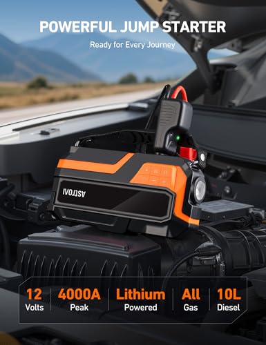 AstroAI M12 4000A Jump Starter with Air Compressor, Portable Battery Booster(All Gas &10L Diesel) with 150PSI Tire Inflator, LED Display, Fast Charging, Emergency Light, 10 Protections, for 12V Car