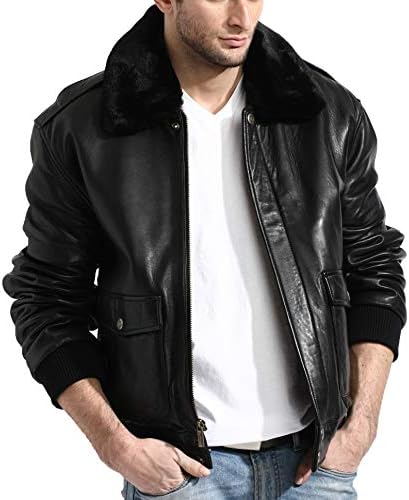 Men's Black Genuine Lambskin Leather Aviator Bomber Jacket with Detachable Faux Fur Collar