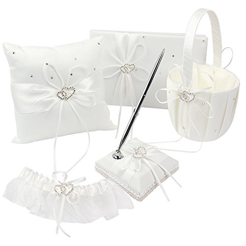 KANECH 5pcs Sets-Ivory Satin-Wedding Flower Girl Basket and Ring Bearer Pillow Set (Ring Pillow + Flower Girl Basket + Wedding Guest Book +Pen Set + Garter Cover) - Thumbnail 4