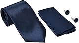 Kingsquare Solid Color Men's Tie, Pocket Square, and Cufflinks matching set (Dark Navy Blue)