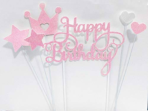 AILEXI Handmade 6 Counts Glitter Cake Decorating Toppers for cupcake and ice-cream - Happy Birthday Glitter Pink set