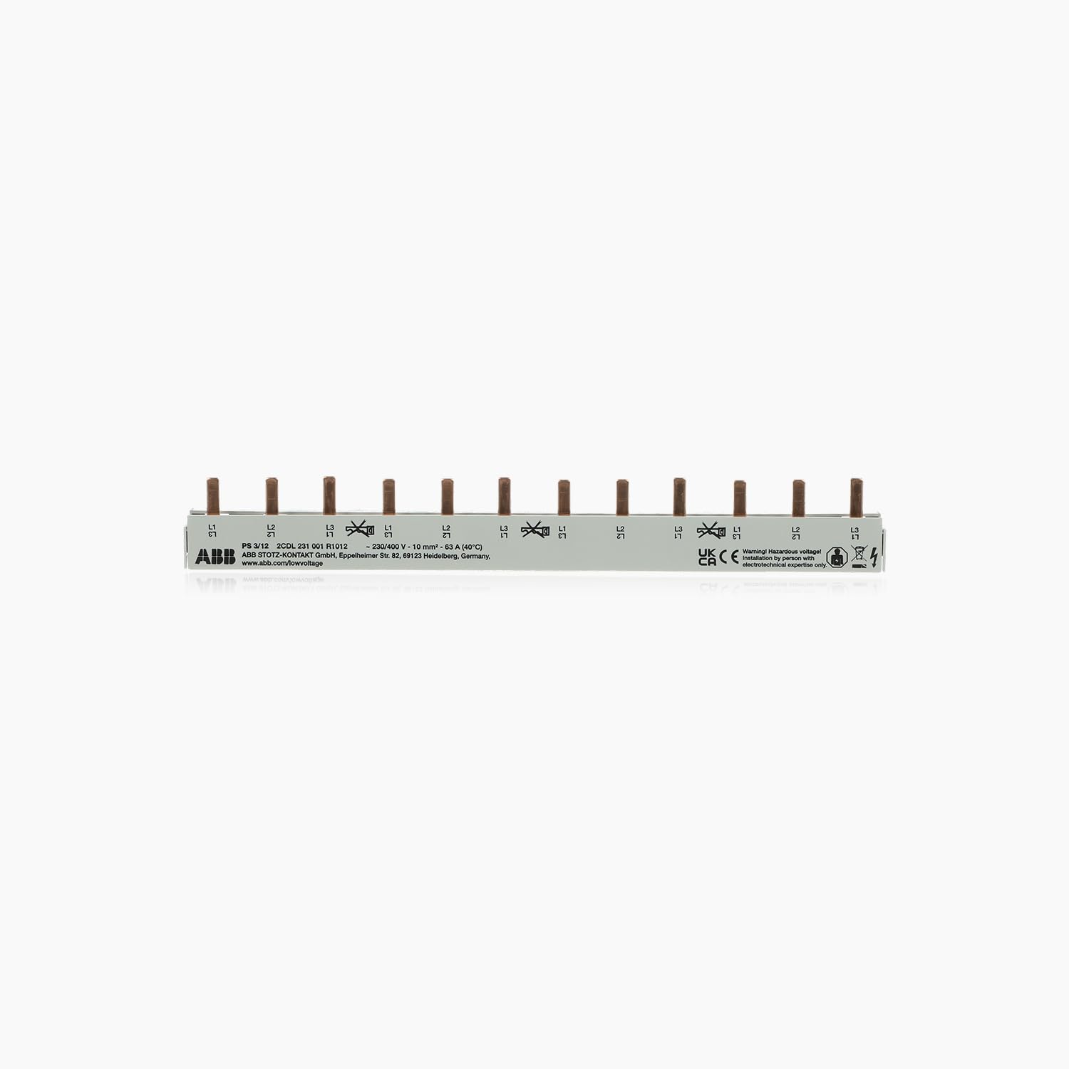 ABB Pin Phase Rail 3-Phase PS3/12 per M Compact Can be Cut to Length 10 mm² 12 Division Units for ABB Circuit Breakers