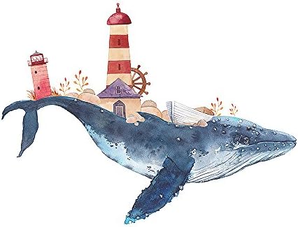 CC Wonderland Soft Pillow Cases Linen Pillow Covers with Invisible Zipper Throw Cushions Covers(1PC),18 Inch,Hand Painted Fantasy Blue Sea Whale with Lighthouses,Plants,Wheel,Old Boat,Stones,Good Gift