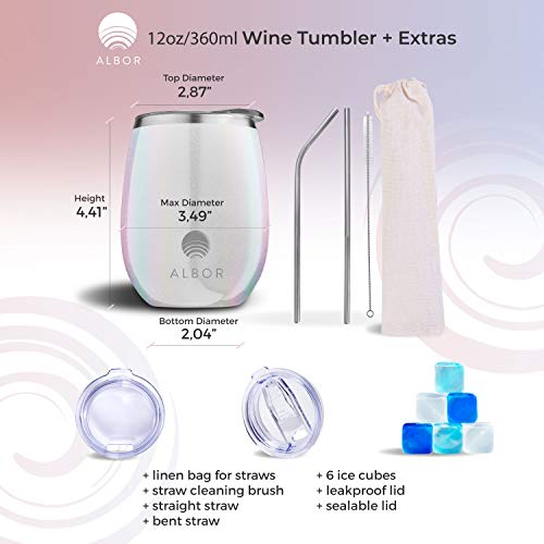 Albor Triple Insulated Wine Tumbler with Lid Stainless Steel 12 Oz Tumbler Holo White