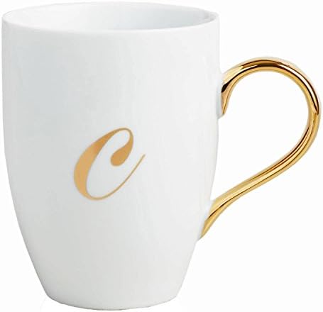 White Glossy Porcelain Coffee Mug with Gold Monogram and Handle - Letter C