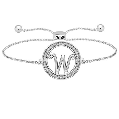 CARATS FOR YOU .925 Sterling Silver 0.20ct Genuine Real Round Cut Natural Diamond W Initial Alphabet Bolo Adjustable 9 inch Chain Bracelet for Women
