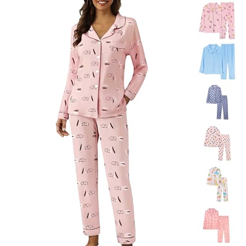 Womens Pyjamas Set,Ladies Loose Fit Soft Pjs Set Turndown Collar-Loungewear Long Sleeve Button Down Nightwear High Waist 2 Piece Sleepwear Trousers with Pockets Lounges Wear Outfits Pajamas