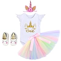 FYMNSI Baby Girls 1st Birthday Unicorn Cake Smash Floral Romper + Skirt + Unicorn Headband + Shoes 4PCS Outfits White