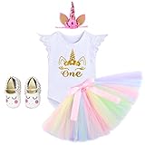 FYMNSI Baby Girls 1st Birthday Unicorn Cake Smash Floral Romper + Skirt + Unicorn Headband + Shoes 4PCS Outfits White