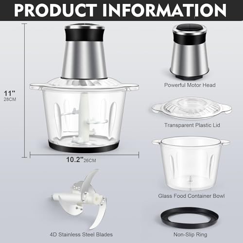 SKY-TOUCH Food Chopper & Mincer,300W Glass Grinder Chopper,2 Speed,4 Detachable Stainless Steel Blade,for Precision, Ice Crushing, Mincing，Anti Slip Ring