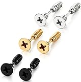 FUNRUN JEWELRY Stainless Steel Punk Rock Womens Mens Screw Stud Earrings 3 Pairs a Set 3 Colors
