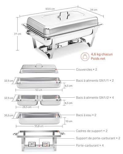 WILPREP Set of 2 Chafing Dish Buffet Buffet Buffet Warmer Stainless Steel Food Safe with Foldable Frame (2×GN1/1+4×GN1/2)