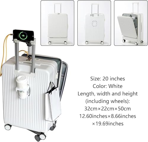 Carry-on Suitcase with Front Pocket for 15.6in Laptop, Mobile Phone Water Cup Holder Luggage Suitcase with Side Hooks, USB Type-C Interface Carry on Luggage for Travel(D)