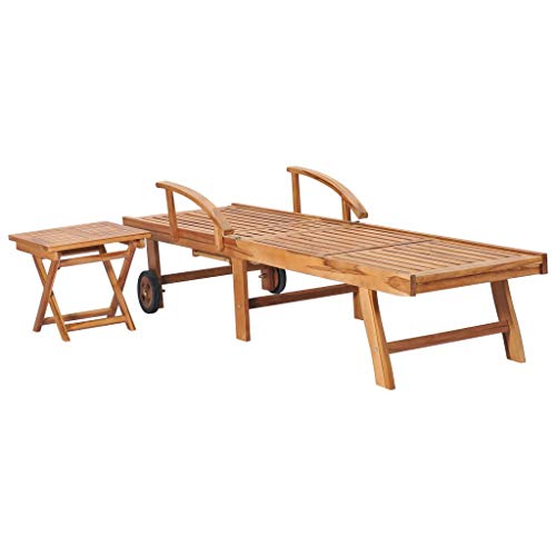 vidaXL Teak Massiv Sonnenliege mit ausziehbarem Tisch Beistelltisch Gartenliege Holzliege Liegestuhl Relaxliege Strandliege Liege Gartenmöbel – Bild 4