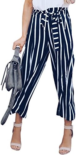 chimikeey Womens Striped High Waist Palazzo Wide Leg Loose Flowy Pants Capris Belted