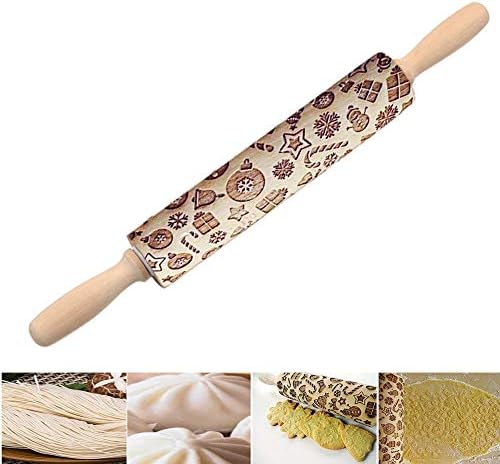 Christmas Wood Embossed Rolling Pin for Baking,Outsta Engraved Carved Embossed Rolling Pin Kitchen Tool Cookies Cake Decorating (16.9"/43cm, Colorful Christmas)