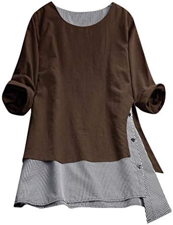 HOMEBABY Plus Size Womens Cotton Linen Long Sleeve Tunic Top Ladies Boho Splice Loose Classic Spring Winter Baggy Blouse Fashion Sweatshirt T-Shirt