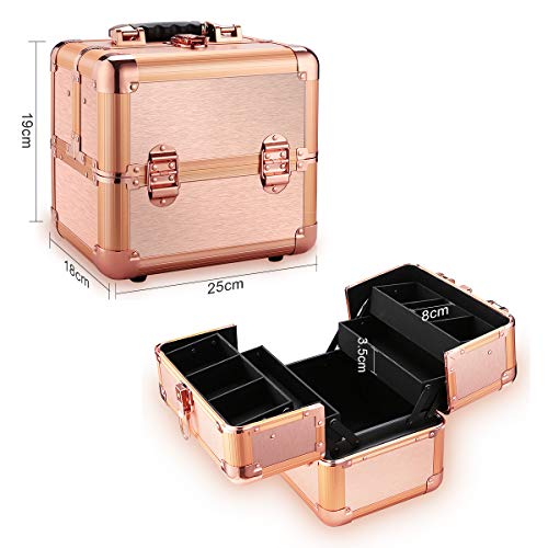 Ovonni Professional Portable Small Makeup Train Case, Artist Lockable Aluminum Cosmetic Organizer Storage Box with Compartments (Rosegold 1)