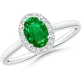 Angara Natural Emerald Engagement Ring for Women | Prong-Set Oval Emerald and Diamond Halo Engagement Ring in 14K Solid Gold/Platinum | May Birthday, Gemstone Jewellery Gift