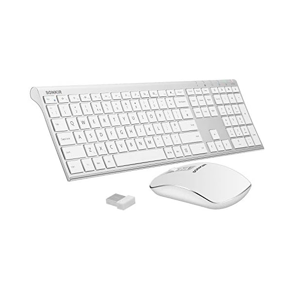 Wireless-Keyboard-and-Mouse-Combo-Sonkir-K-18-24GHz-Ultra-thin-Aluminum-Full-size-Keyboard-with-Free-Cover-Film-3-Adjustable-DPI-Mouse-Set-for-Windows-Laptop-PC-Computer-Smart-TV-Silver Wireless Keyboard Mouse Combo, Sonkir K-18 Full-Size Ergonomic 2.4G Cordless Keyboard with Protective Film and Silent…