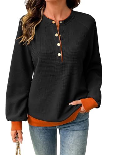 SHEWIN Sweatshirt for Women Casual Waffle Knit Long Sleeve Tops, Black, S at Amazon