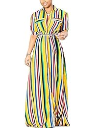 Geulis - Vestido largo a rayas de verano para mujer, manga corta, cuello en V, con botones, talla grande