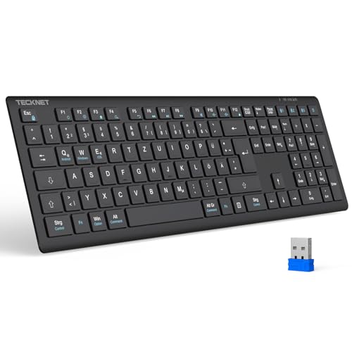 TECKNET Bluetooth Keyboard, Wireless, Rechargeable Multi-Device Flat Keyboard with Simple up to 4 Devices, Ultra Slim, German Layout (QWERTZ), for Mac, Windows, iOS, Chrome OS Black