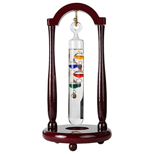 Lily's Home Hanging Galileo Thermometer with Cherry Finish Stand, A Timeless Design that Measures Temperatures from 64ºF to 76ºF, Cherry Finished Wood Frame, 4 Multi-Colored Spheres (9 Inches)