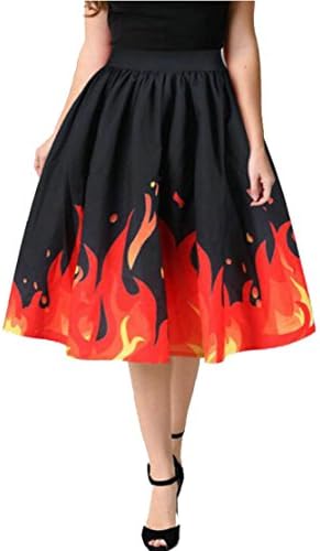 Fensajomon Womens High Elastic Waist Flame Print Pleated Flared Swing Midi Skirt