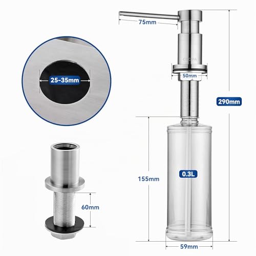 CEICPA Soap Dispenser for Kitchen, Soap Dispenser for Sink with 500 ml Bottle and 1.2 m Extension Hose, 360° Rotating Pump, Brushed