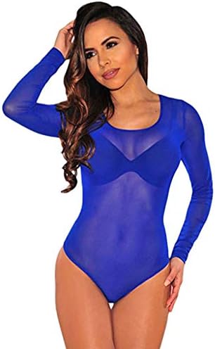 Moserian Women's Long Sleeves Stretchy Sheer Mesh Leotard Bodysuit Jumpsuit Tops