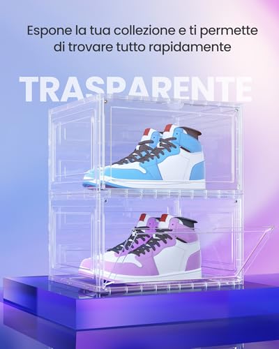 SONGMICS LSP508W01 Set of 8 Shoe Storage Boxes Transparent Plastic Shoe Organiser with Door Stackable 33 x 28.5 x 19.3 cm for Shoes up to Size 46 White Transparent